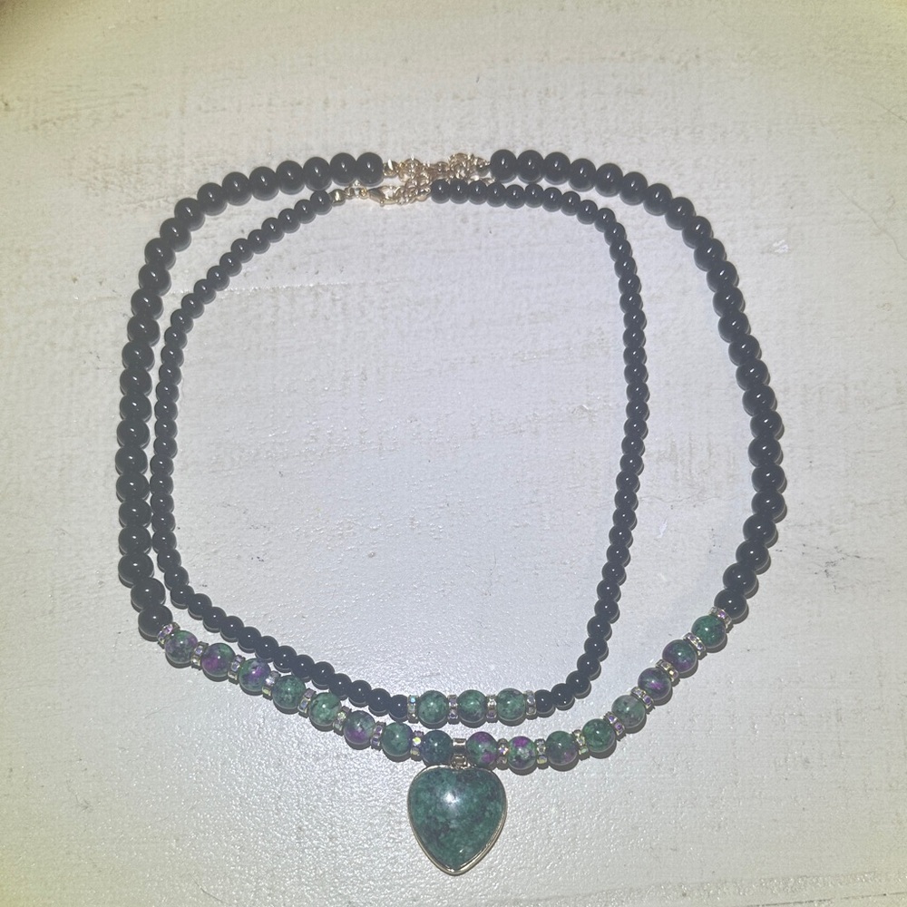 Ruby Zoisite and Obsidian 2 Piece Heart Pendant Necklace